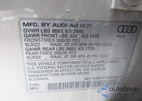 2021 Audi Q7 Prestige 55 Tfsi Quattro Tiptronic из США, поврежденный, VIN WA1VXBF77MD038495